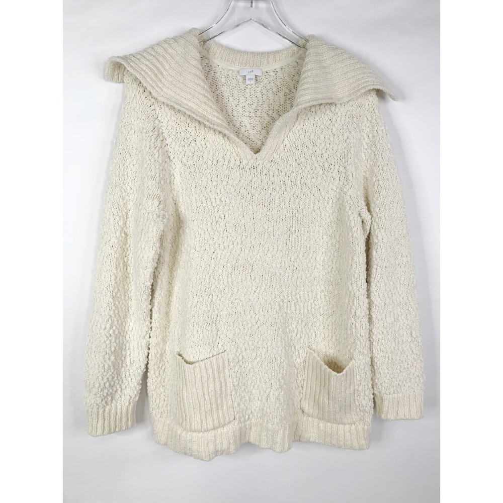 J Jill Sweater Women Large Ivory Textured Knit Boucle Shawl Collar Pullover Cozy